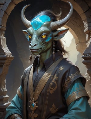 creative magic creature art, anthropomorphic creature fusion ( yak :1.6) (alien :1.8), female, prominent eyelashes, (bioluminescence :2), wearing business blouse , glowing eyes, head and shoulders portrait , hyper-detailed oil painting, art by Greg Rutkowski and (Norman Rockwell:1.5) , illustration style, symmetry , inside a medieval dungeon, cracked stone walls , huayu