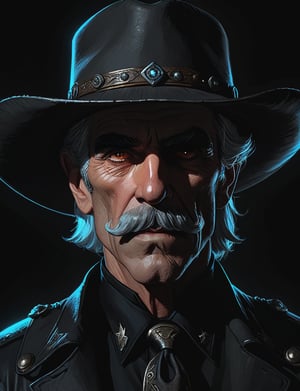 (head and shoulders portrait:1.2), Sam Elliott as vampire cowboy , (wide handlebar mustache:1.3), cowboy hat , holographic glowing eyes, wearing power armor outfit , (outline sketch style:1.5), surreal fantasy, close-up view, chiaroscuro lighting, no frame, hard light,Expressiveh,concept art,dark theme