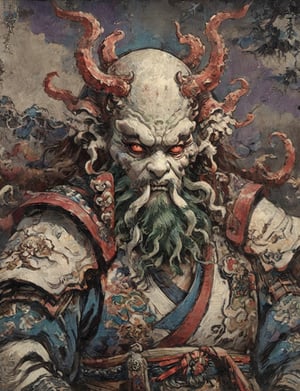 (close up, head and shoulders portrait:1.3), (anthromorphic Cthulhu  :1.6), floating mask, oni_horns, samurai , samurai armor , brown, blue, violet , white and black color scheme , (dark background:1.2), Ukiyo-e,ink,colorful,shogun