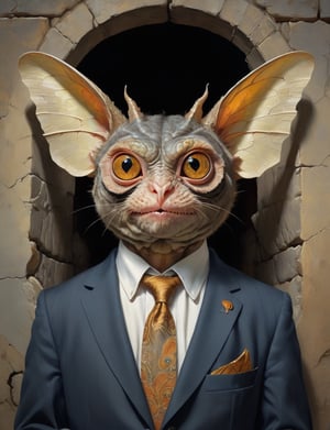 creative magic creature art, creature fusion ( tarsier :1.2) (dragon :1.8), (moth wing ears :2), wearing business suit, glowing eyes, head and shoulders portrait , hyper-detailed oil painting, art by Greg Rutkowski and (Norman Rockwell:1.5) , illustration style, symmetry , inside a medieval dungeon, cracked stone walls , huayu
