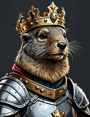 (close up, head and shoulders portrait:1.5), anthropomorphic marmot knight, wearing gleaming armor, wearing crown, centered, (strong outline sketch style:1.3), dark background, muted colors, detailed, comic book