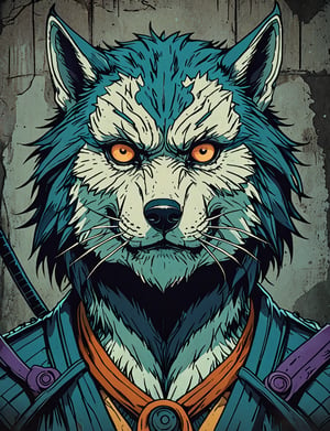 (close up, head and shoulders portrait:1.5), orange, teal, blue, violet gradient , (anthromorphic wolf owl :1.5), samurai, wearing samurai armor, (strong outline sketch style:1.5), symmetrical features, gritty fantasy, (darkest dungeon art style :1.4), dark muted background, detailed,one_piece_wano_style,Dark Manga of