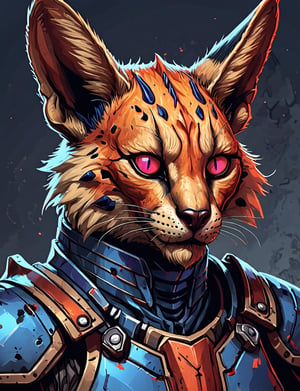 (close up, head and shoulders portrait:1.3), red and orange gradient , (anthromorphic cyclops serval manticore :1.6), wearing blue and violet sci-fi polycarbonate armor, (strong outline sketch style:1.5), gritty fantasy, (darkest dungeon art style :1.4), dark muted background, detailed