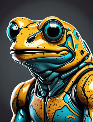 (close up, head and shoulders portrait:1.5), An extremely detailed (1970s retro-future:1.2) anthropomorphic poison dart frog robot, centered, (strong outline sketch style:1.3), dark background, muted colors, detailed, comic book