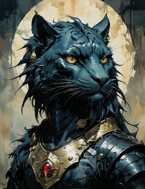 art by simon bisley, art by ralph steadman, art by vallejo, a masterpiece, stunning detail, (head and shoulders portrait:1.3), (anthropomorphic (dragon1.4)  (panther :1.5) :1.3), supreme wearing black leather armor, creature fur scales , dark background 