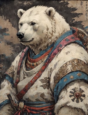 (close up, head and shoulders portrait:1.3), (anthromorphic polar bear :1.6), oni_horns, samurai , samurai armor , brown, blue, violet , white and black color scheme , (dark background:1.2), Ukiyo-e,ink,colorful,shogun