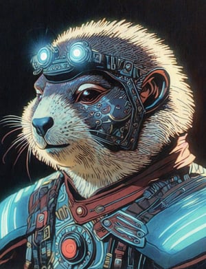 (head and shoulders portrait:1.2), (anthropomorphic marmot:1.3) as a warrior, zorro mask, holographic glowing eyes, wearing sci-fi outfit , surreal fantasy, close-up view, chiaroscuro lighting, no frame, hard light,Ukiyo-e