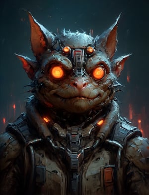 (close up, head and shoulders portrait:1.3), anthromorphic, High tech cybernetic (toad:1.2) (bat:1.7), multi Eyes,Glowing mechanical eyes, high-tech cybernetic body, futuristic power armor, bounty hunter ,xl_cpscavred,mad-cyberspace,cyberpunk