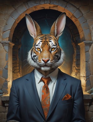 creative magic creature art, creature fusion ( tiger :1.6) (rabbit :1.8), (bioluminescence :2), wearing business suit, glowing eyes, head and shoulders portrait , hyper-detailed oil painting, art by Greg Rutkowski and (Norman Rockwell:1.5) , illustration style, symmetry , inside a medieval dungeon, cracked stone walls , huayu