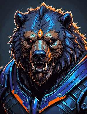 (close up, head and shoulders portrait:1.3), black and orange gradient , (anthromorphic grizzly bear manticore :1.6), wearing blue and violet sci-fi polycarbonate armor, (strong outline sketch style:1.5), gritty fantasy, (darkest dungeon art style :1.4), dark muted background, detailed