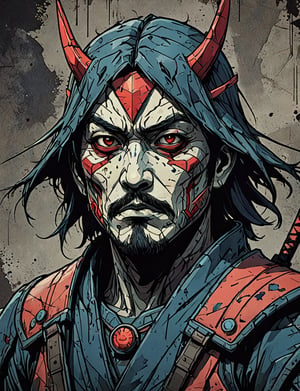 (close up, head and shoulders portrait:1.5), colorful ,(triangle man :1.5), (angular shapes:1.7), samurai, wearing samurai armor, (strong outline sketch style:1.5), symmetrical features, gritty fantasy, (darkest dungeon art style :1.4), dark muted background, detailed, Dark Manga of,Dark Anime of,comic book