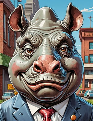 (close up, head and shoulders portrait:1.5), An extremely detailed 1980s (cartoon caricature:1.5), (oversized head caricature:1.3), anthropomorphic rhino, wearing suit, congressman , dystopian, in the style of garbage pail kids