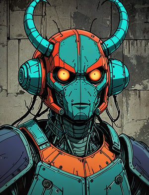 (close up, head and shoulders portrait:1.5), red, orange, green, teal, aqua, blue, violet gradient ,(anthromorphic beetle robot :1.5), (cube shaped head:1.7), samurai, wearing samurai armor, (strong outline sketch style:1.5), symmetrical features, gritty fantasy, (darkest dungeon art style :1.4), dark muted background, detailed, one_piece_wano_style, Dark Manga of,anime screencap,Dark Anime of