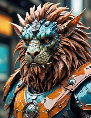 (close up, head and shoulders portrait:1.3), (anthromorphic manticore :1.6), wearing sci-fi polycarbonate armor , "The overall effect is a blend of impressionism and abstraction, creating a rich, immersive setting. The scene should feature a realist selective focus on main subject. In contrast, the background should transition into an abstract, painterly environment. The atmosphere should be hazy and diffuse, contributing to an ethereal and somewhat dystopian feel. Background impressionistic style to emphasize mood and atmosphere over detailed realism. The colors in the background include shades of rich, vibrant hues with dramatic contrasts, featuring deep, earthy tones and vivid highlights, blending seamlessly with cooler hues like blues and greys. Use muted accents like rusty orange-yellows, and rusty teals to highlight tiny areas and add visual interest. Use this blend of subdued and bold colors to emphasize the gritty nature of the scene."