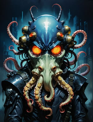 art by simon bisley, art by ralph steadman, art by vallejo, a masterpiece, stunning detail, (head and shoulders portrait:1.3), (anthropomorphic (death trooper:1.3)  (octopus :1.7) oni :1.3), large oni_horns, neuromancer, cyberpunk, holographic glowing, glowing eyes, wearing black leather armor, creature fur scales , dark background , tangerine , gold , and sapphire color scheme 