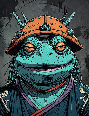 (close up, head and shoulders portrait:1.5), orange, teal, blue, violet gradient , (anthromorphic toad :1.5), samurai, wearing samurai armor, (strong outline sketch style:1.5), symmetrical features, gritty fantasy, (darkest dungeon art style :1.4), dark muted background, detailed,one_piece_wano_style,Dark Manga of