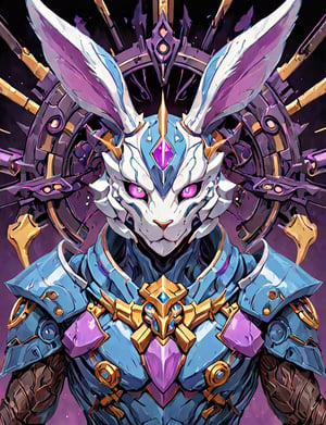 (head and shoulders portrait:1.2), a Warforged rabbit , sentient construct of gleaming blue and violet metal and gears, is dressed in intricately detailed armor. Inspired by the art of Destiny 2 and the style of Guardians of the Galaxy,art_booster