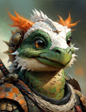 (close up, head and shoulders portrait:1.3), anthromorphic ( tortoise :1.2) dragon, samurai , wise old, long mustache, samurai armor , green, orange , white and black color scheme , Disney pixar style
