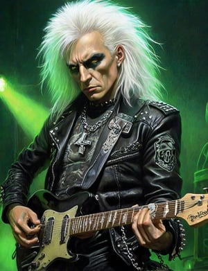(head and shoulders portrait:1.2), C. C. Deville, a heavy metal guitarist, (playing guitar:1.2), performing on stage, big full white hair, wearing leather jacket, metal studs, chains, looking at the camera, radioactive green background,  surreal fantasy, close-up view, chiaroscuro lighting, no frame, hard light, art by Zdzisław Beksiński,digital artwork by Beksinski