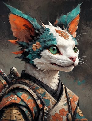 (close up, head and shoulders portrait:1.3), anthromorphic ( Cornish Rex cat:1.2) dragon, samurai , black samurai armor, brown, tangerine teal, white and black color scheme , (dark background:1.2), Disney pixar style,Ukiyo-e,ink,colorful,shogun