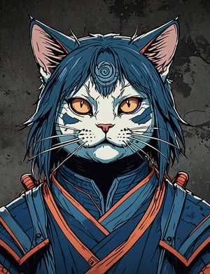 (close up, head and shoulders portrait:1.5), red, orange, blue, violet gradient ,(anthromorphic cat:1.5), samurai, wearing samurai armor, (strong outline sketch style:1.5), symmetrical features, gritty fantasy, (darkest dungeon art style :1.4), dark muted background, detailed, one_piece_wano_style, Dark Manga of,anime screencap