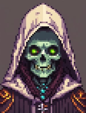 Head and shoulders portrait, undead lich in a hooded robe ,  pixel art, PixArFK, ,Pixel Art