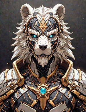(head and shoulders portrait:1.2), a Warforged bear , sentient construct of gleaming white and black metal and gears, is dressed in intricately detailed armor. dark background , Inspired by the art of Destiny 2 and the style of Guardians of the Galaxy,art_booster