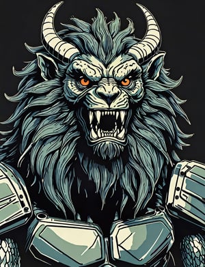 (close up, head and shoulders portrait:1.5), An extremely detailed 1970s retro-future anthropomorphic (werewolf :1.2) (manticore :1.4) robot, centered, (strong outline sketch style:1.5), (flat silkscreen art style:1.9), (solid dark background:1.2), (retro color scheme), masterpiece, epic, by pascal blanche rutkowski repin artstation painting concept art of detailed character design matte painting, 4 k resolution blade runner, dark muted background, detailed, comic book,dcas_lora