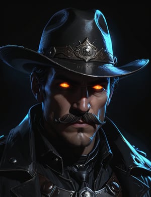 (head and shoulders portrait:1.2), vampire cowboy , (wide handlebar mustache:1.3), cowboy hat , holographic glowing eyes, wearing power armor outfit , (outline sketch style:1.5), surreal fantasy, close-up view, chiaroscuro lighting, no frame, hard light,Expressiveh,concept art,dark theme