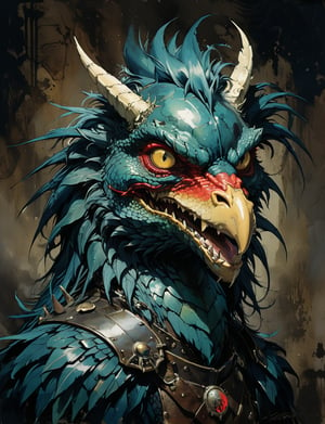 art by simon bisley, art by ralph steadman, art by vallejo, a masterpiece, stunning detail, (head and shoulders portrait:1.3), (anthropomorphic (dragon1.4)  (rooster :1.5) :1.3), supreme wearing black leather armor, creature fur scales , dark background 