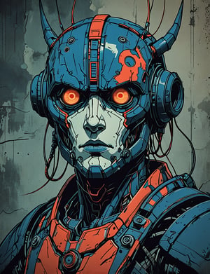 (close up, head and shoulders portrait:1.5), red, orange, blue gradient ,(anthropomorphic cyclops biomechanical robot :1.5), (angular shapes:1.7), samurai, wearing samurai armor, (strong outline sketch style:1.5), symmetrical features, gritty fantasy, (darkest dungeon art style :1.4), dark muted background, detailed, Dark Manga of,Dark Anime of