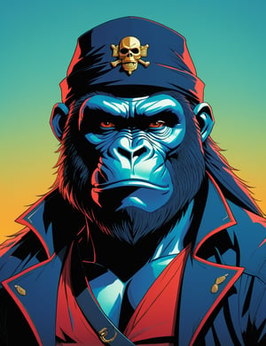 head and shoulders portrait, anthromorphic gorilla , captain pirate, 80s anime style, glitch art, flat colors, key visual, vibrant, studio anime, minimalistic, (style of Charlie Bowater, (style of moebius:1.2):1.15), 
