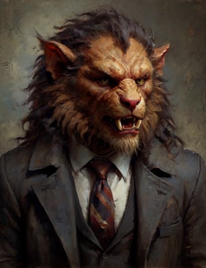 head and shoulders portrait, anthromorphic manticore , a hard-boiled atmosphere, a trench coat, a tie