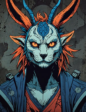 (close up, head and shoulders portrait:1.5), red, orange, blue, violet gradient ,(anthromorphic wolpertinger :1.5), samurai, wearing samurai armor, (strong outline sketch style:1.5), symmetrical features, gritty fantasy, (darkest dungeon art style :1.4), dark muted background, detailed, one_piece_wano_style, Dark Manga of,anime screencap