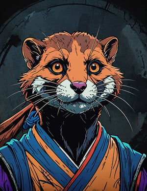 (close up, head and shoulders portrait:1.5), red, orange, blue, violet gradient ,(anthromorphic weasel  :1.5), samurai, wearing samurai armor, (strong outline sketch style:1.5), symmetrical features, gritty fantasy, (darkest dungeon art style :1.4), dark muted background, detailed, one_piece_wano_style, Dark Manga of,anime screencap