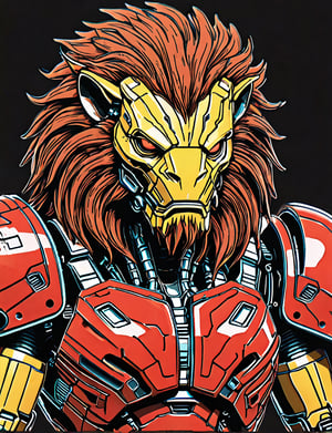(close up, head and shoulders portrait:1.5), An extremely detailed 1970s retro-future anthropomorphic (Ironman :1.2) (manticore :1.4) robot, centered, (strong outline sketch style:1.5), (flat silkscreen art style:1.9), (solid dark background:1.2), (retro color scheme), masterpiece, epic, by pascal blanche rutkowski repin artstation painting concept art of detailed character design matte painting, 4 k resolution blade runner, dark muted background, detailed, comic book,dcas_lora