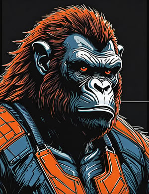 (close up, head and shoulders portrait:1.5), An extremely detailed 1970s retro-future anthropomorphic (gorilla :1.2) (manticore :1.4) robot, centered, (strong outline sketch style:1.5), (flat silkscreen art style:1.8), solid dark background, red, orange, sapphire, black and white tones, masterpiece, epic, by pascal blanche rutkowski repin artstation painting concept art of detailed character design matte painting, 4 k resolution blade runner, dark muted background, detailed, comic book,dcas_lora