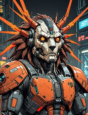 (close up, head and shoulders portrait:1.5), An extremely detailed 1970s retro-future anthropomorphic manticore robot, centered, (strong outline sketch style:1.5), 1970s minimal geometric background, red, orange, black and white tones, masterpiece, epic, sharp focus, emitting diodes, smoke, artillery, sparks, racks, system unit, motherboard, by pascal blanche rutkowski repin artstation painting concept art of detailed character design matte painting, 4 k resolution blade runner, dark muted background, detailed, comic book