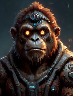 (close up, head and shoulders portrait:1.3), anthromorphic, High tech cybernetic (toad:1.2) (orangutang:1.7), multi Eyes,Glowing mechanical eyes, high-tech cybernetic body, futuristic power armor, bounty hunter ,xl_cpscavred,mad-cyberspace,cyberpunk