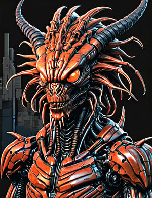 (close up, head and shoulders portrait:1.5), An extremely detailed 1970s retro-future anthropomorphic (xenomorph alien :1.2) (manticore :1.4) robot, centered, (strong outline sketch style:1.5), (flat silkscreen art style:1.9), (solid dark background:1.2), (red, orange, sapphire, black and white tones), masterpiece, epic, by pascal blanche rutkowski repin artstation painting concept art of detailed character design matte painting, 4 k resolution blade runner, dark muted background, detailed, comic book,dcas_lora