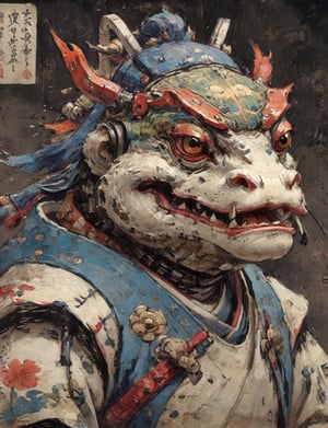 (close up, head and shoulders portrait:1.3), (anthromorphic toad robot :1.6), oni_horns, samurai , samurai armor , brown, blue, violet , white and black color scheme , (dark background:1.2), Ukiyo-e,ink,colorful,shogun