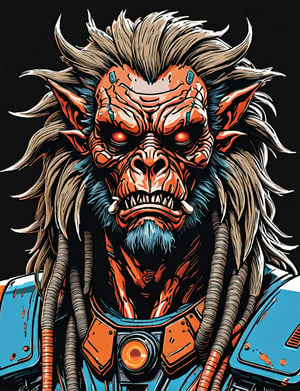 (close up, head and shoulders portrait:1.5), An extremely detailed 1970s retro-future anthropomorphic (joe immortan :1.2) (manticore :1.4) robot, centered, (strong outline sketch style:1.5), (flat silkscreen art style:1.9), (solid dark background:1.2), (red, orange, sapphire, black and white tones), masterpiece, epic, by pascal blanche rutkowski repin artstation painting concept art of detailed character design matte painting, 4 k resolution blade runner, dark muted background, detailed, comic book,dcas_lora