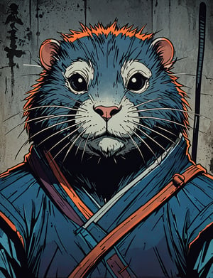 (close up, head and shoulders portrait:1.5), red, orange, blue, violet gradient ,(anthromorphic muskrat :1.5), samurai, wearing samurai armor, (strong outline sketch style:1.5), symmetrical features, gritty fantasy, (darkest dungeon art style :1.4), dark muted background, detailed, one_piece_wano_style, Dark Manga of