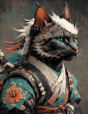 (close up, head and shoulders portrait:1.3), anthromorphic ( Siamese cat:1.2) dragon, samurai , black samurai armor, brown, tangerine teal, white and black color scheme , (dark background:1.2), Disney pixar style,Ukiyo-e,ink,colorful,shogun