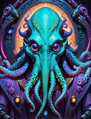 head and shoulders portrait, flat 2d illustration style, (1male:3), anthropomorphic sci-fi , violet, teal, green, orange, yellow and blue (squid :2.2) (cyber Cthulhu:1.8) , wearing power armor, cyberpunk, tarot card, 4K UHD, studio ghibli style, high-tech, , nocturne, breakdomain, portraitart, portrait art style, neon hieroglyphs 