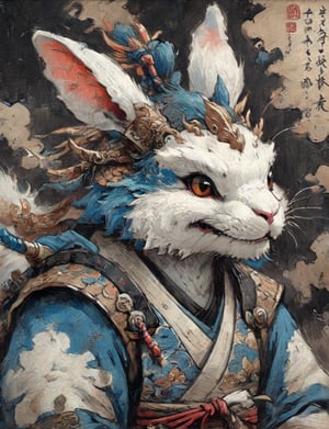 (close up, head and shoulders portrait:1.3), anthromorphic ( rabbit :1.2) dragon, samurai , black samurai armor, brown, blue , white and black color scheme , (dark background:1.2), Disney pixar style,Ukiyo-e,ink,colorful,shogun