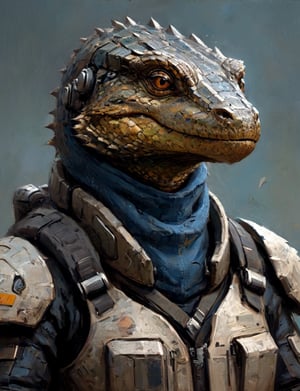 head and shoulders portrait, anthromorphic monitor lizard  , a hard-boiled atmosphere, futuristic power armor, bounty hunter 