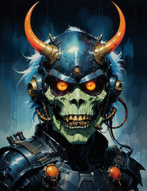 art by simon bisley, art by ralph steadman, art by vallejo, a masterpiece, stunning detail, (head and shoulders portrait:1.3), (anthropomorphic (death trooper:1.3)  (ghoul :1.7) oni :1.3), large oni_horns, neuromancer, cyberpunk, holographic glowing, glowing eyes, wearing black leather armor, creature fur scales , dark background , tangerine , gold , and sapphire color scheme 