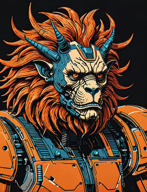 (close up, head and shoulders portrait:1.5), An extremely detailed 1970s retro-future anthropomorphic (atomic :1.2) (manticore :1.4) robot, centered, (strong outline sketch style:1.5), (flat silkscreen art style:1.9), (solid dark background:1.2), (red, orange, sapphire, black and white tones), masterpiece, epic, by pascal blanche rutkowski repin artstation painting concept art of detailed character design matte painting, 4 k resolution blade runner, dark muted background, detailed, comic book,dcas_lora