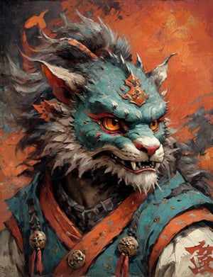 (close up, head and shoulders portrait:1.3), anthromorphic ( manticore :1.4) (neck and chest fur:1.5), (wearing a jack-o-lantern mask;1.9), jack-o-lantern , samurai helmet, oni_horns, samurai , black samurai armor, red, aqua, orange, blue , white and black color scheme , (dark Halloween background:1.2), Disney pixar style,Ukiyo-e,ink,colorful,shogun